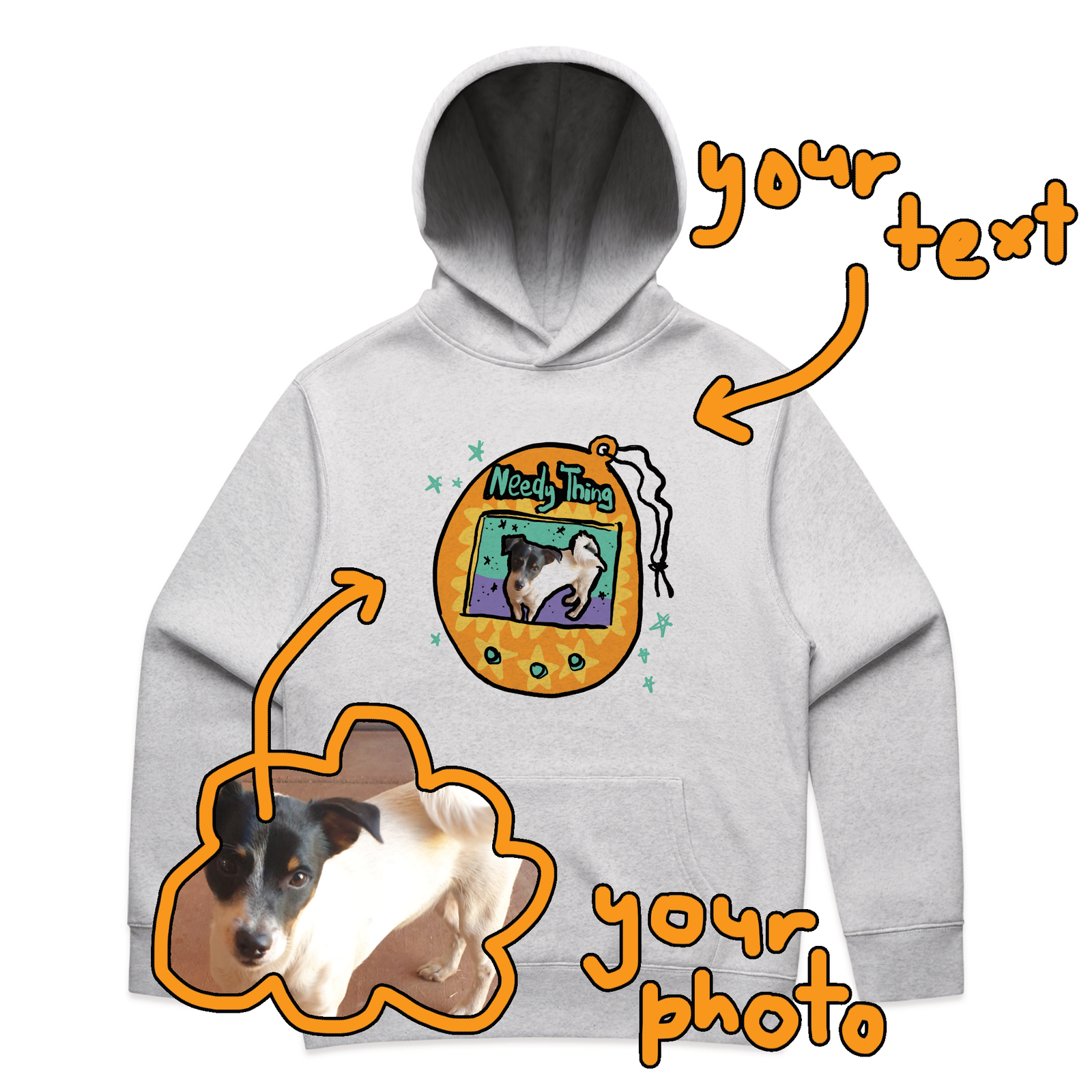 White Marle oversized hoodie with Custom Digipet Hoodie graphic by Lonely Kids Club