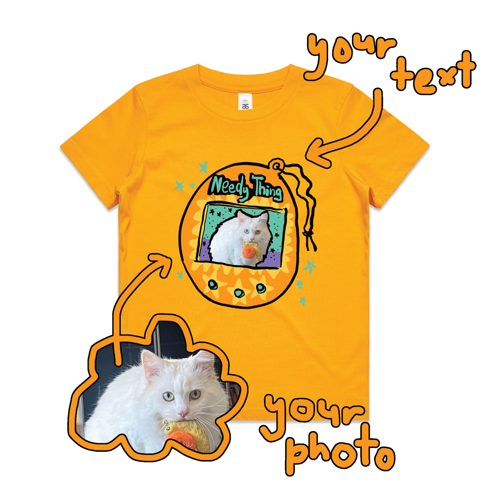 Gold kids t-shirt with Custom Digipet Kids graphic by Lonely Kids Club