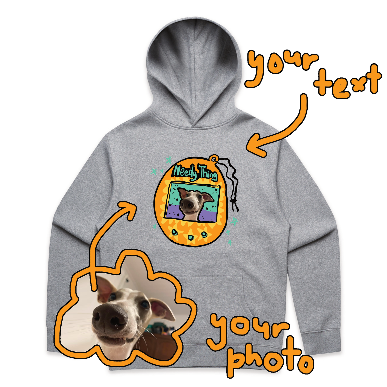 Grey Marle oversized hoodie with Custom Digipet Hoodie graphic by Lonely Kids Club