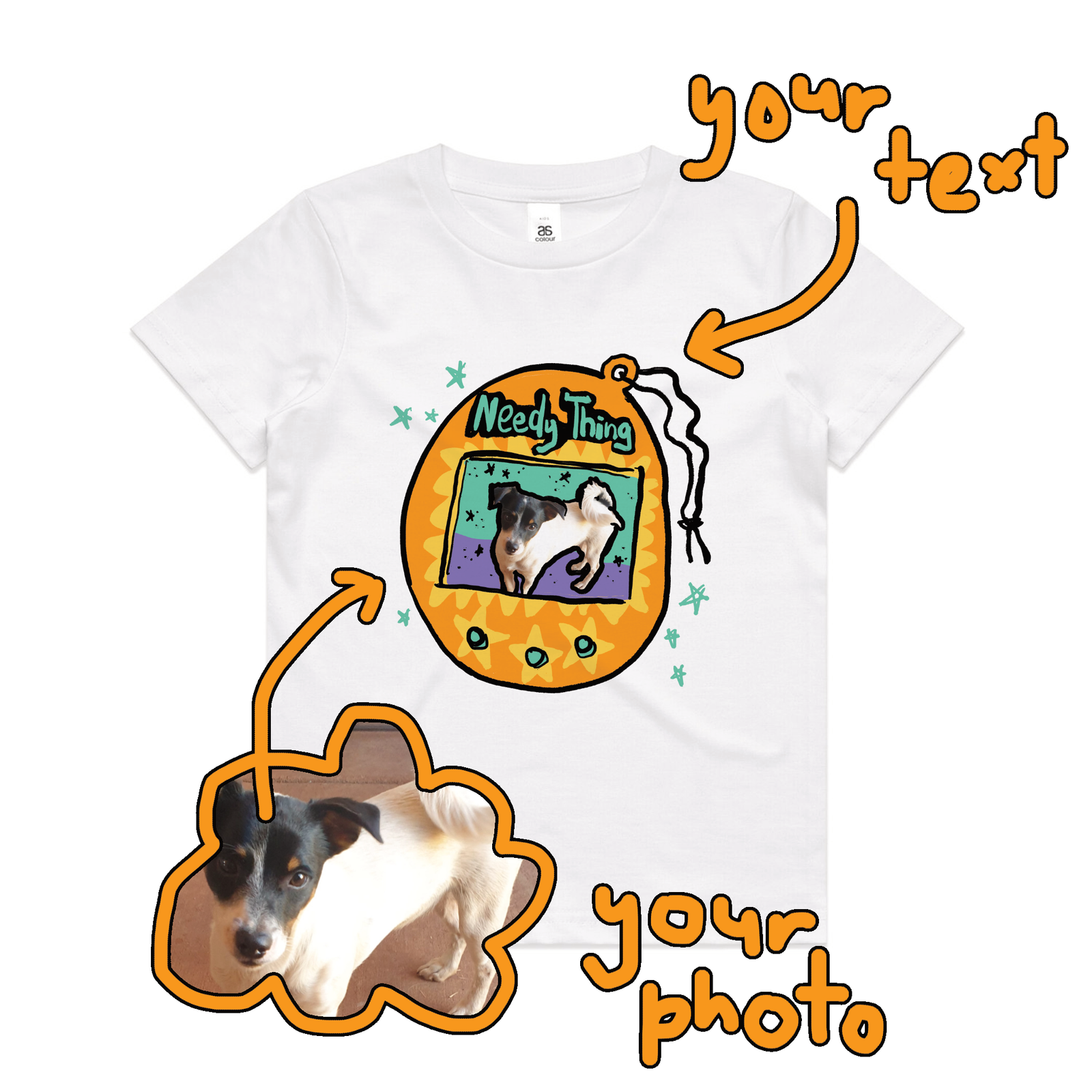 White kids t-shirt with Custom Digipet Kids graphic by Lonely Kids Club