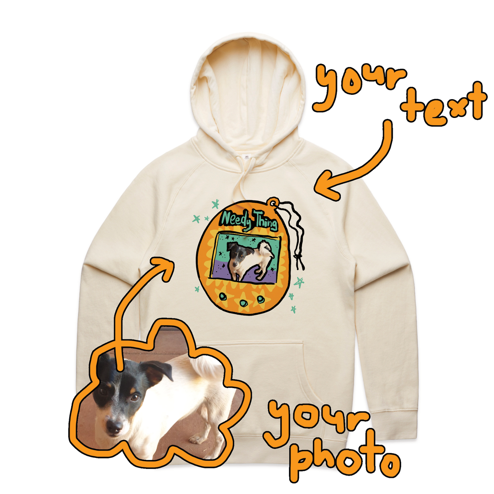 Ecru regular hoodie with Custom Digipet Hoodie graphic by Lonely Kids Club