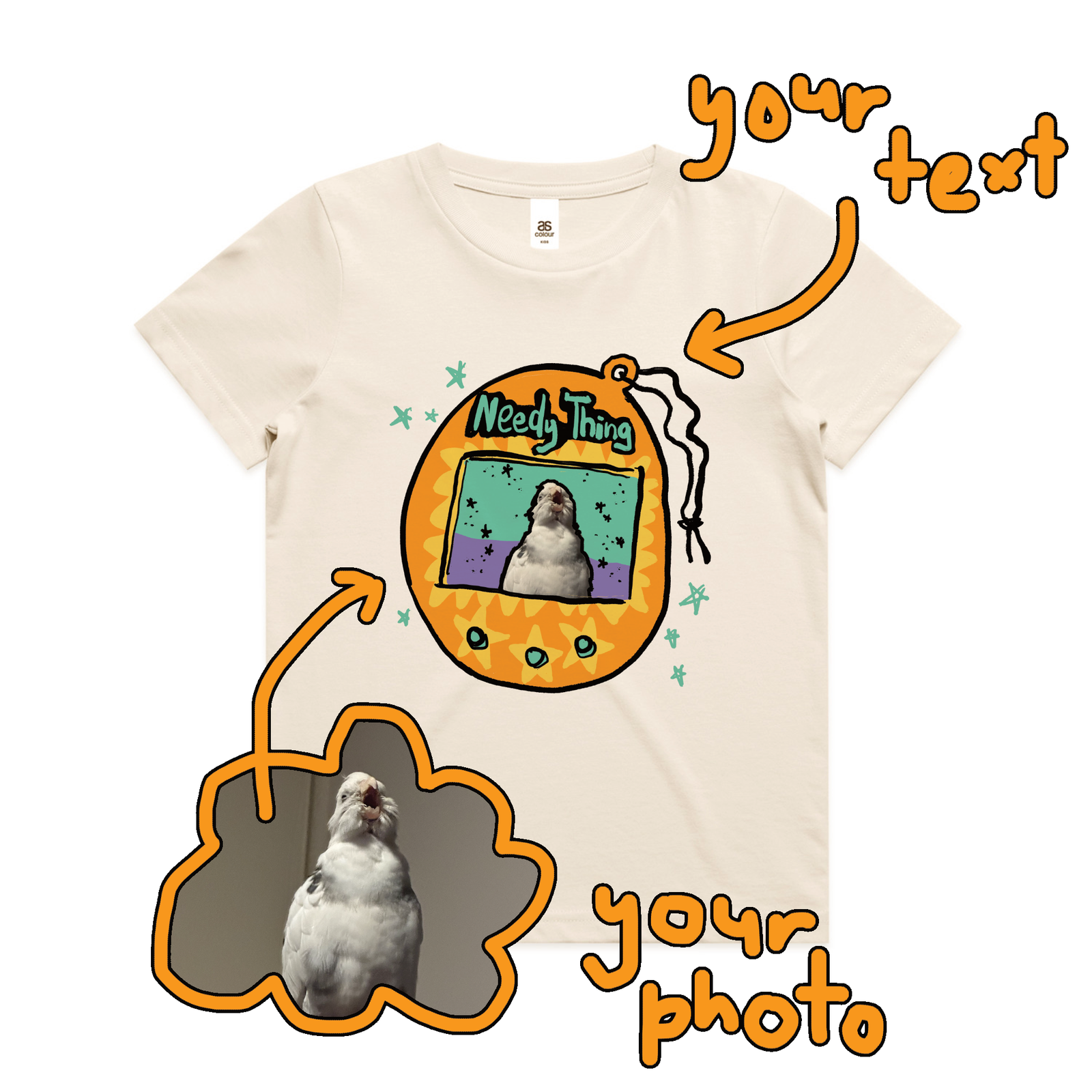 Ecru kids t-shirt with Custom Digipet Kids graphic by Lonely Kids Club