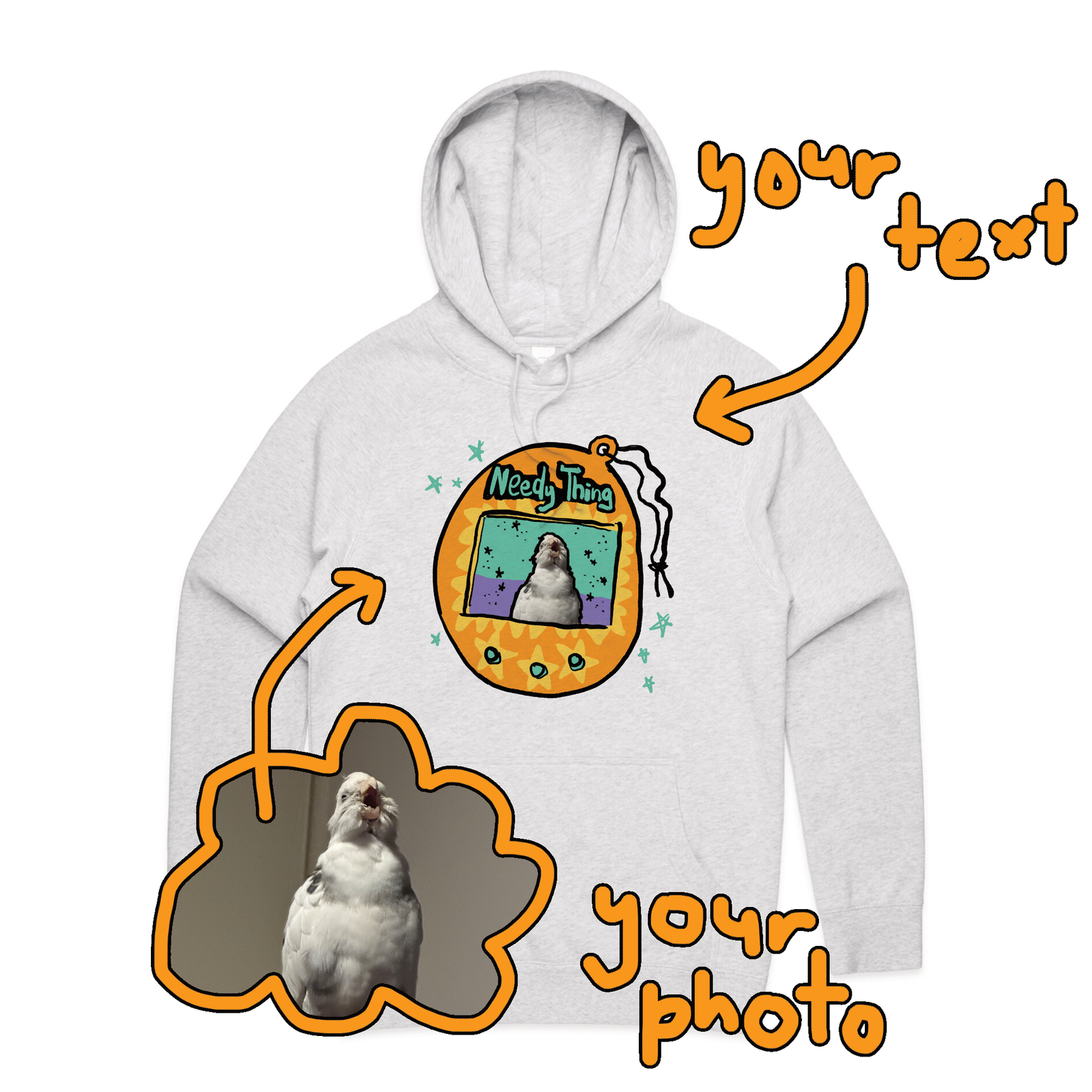 White Marle regular hoodie with Custom Digipet Hoodie graphic by Lonely Kids Club
