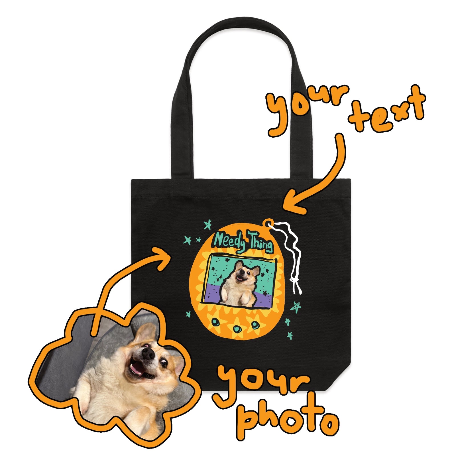 Black carrie tote with Custom Digipet Tote graphic by Lonely Kids Club