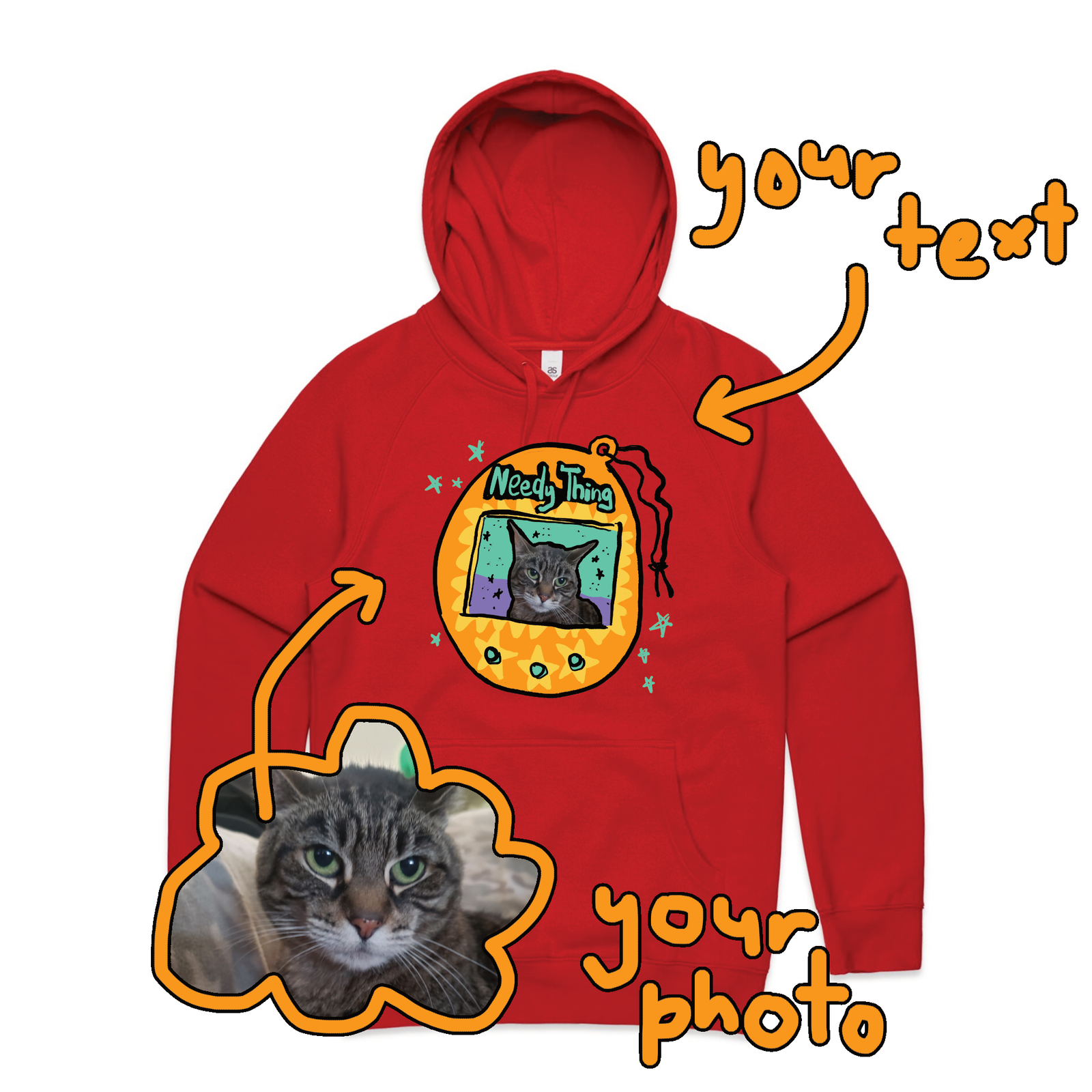 Red regular hoodie with Custom Digipet Hoodie graphic by Lonely Kids Club