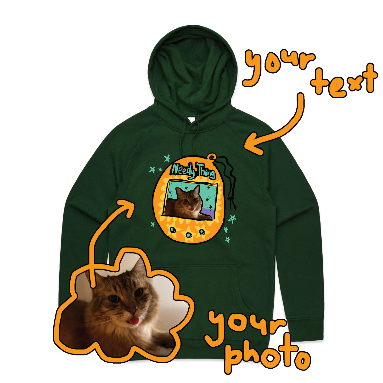 Forest Green regular hoodie with Custom Digipet Hoodie graphic by Lonely Kids Club