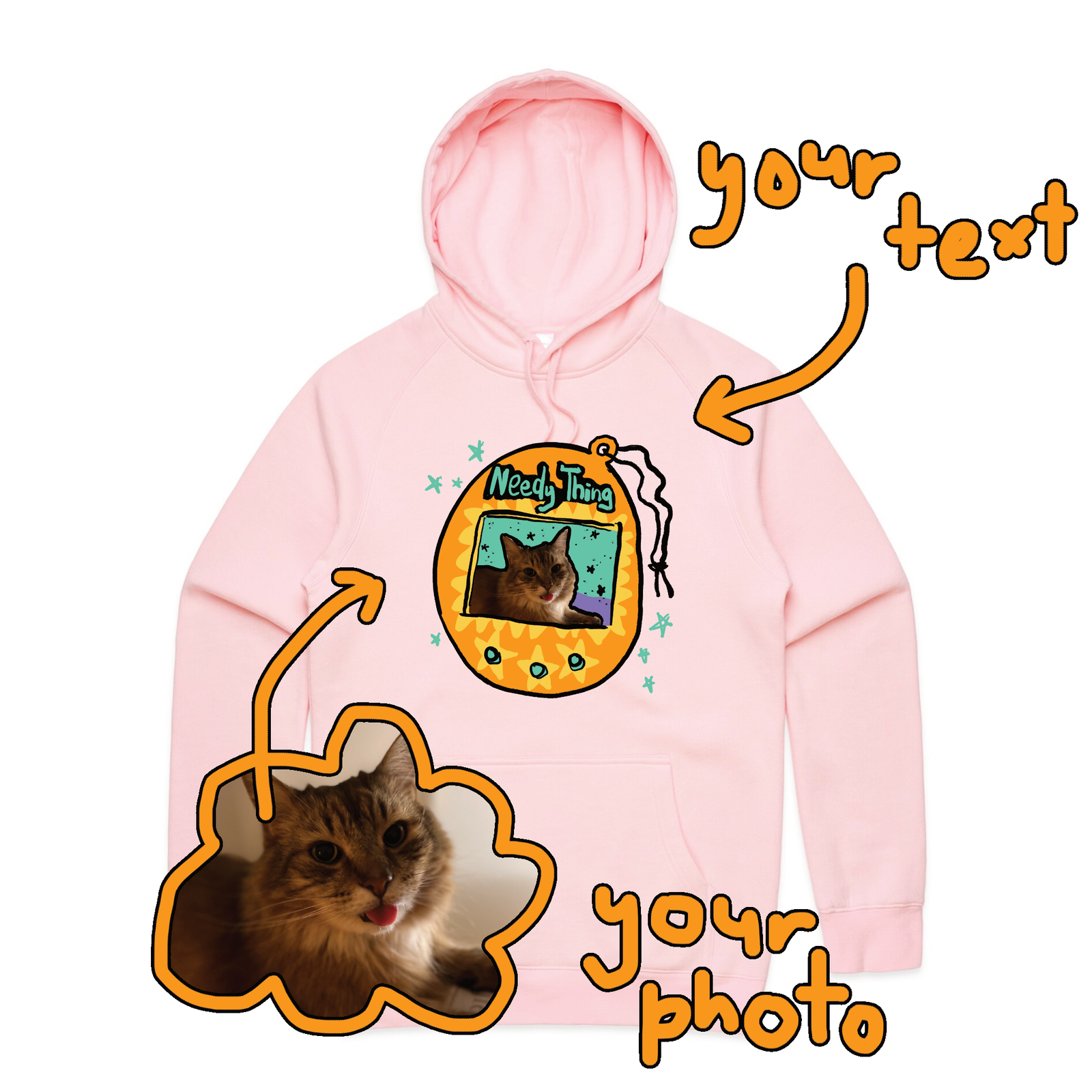Pink regular hoodie with Custom Digipet Hoodie graphic by Lonely Kids Club