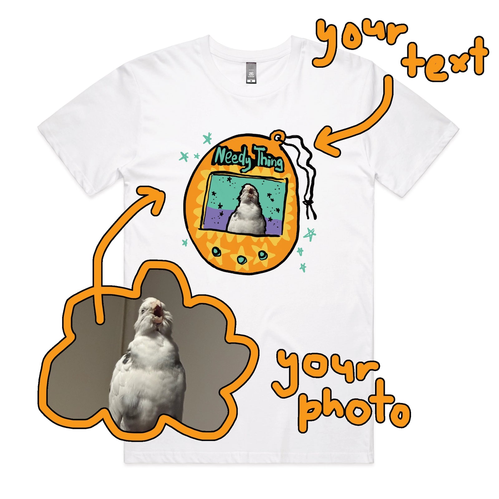 White unisex t-shirt with Custom Digipet graphic by Lonely Kids Club