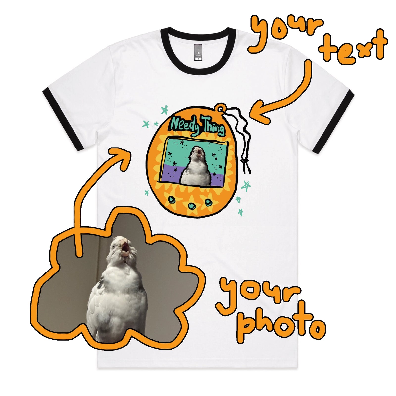 Black/White Ringer unisex t-shirt with Custom Digipet graphic by Lonely Kids Club