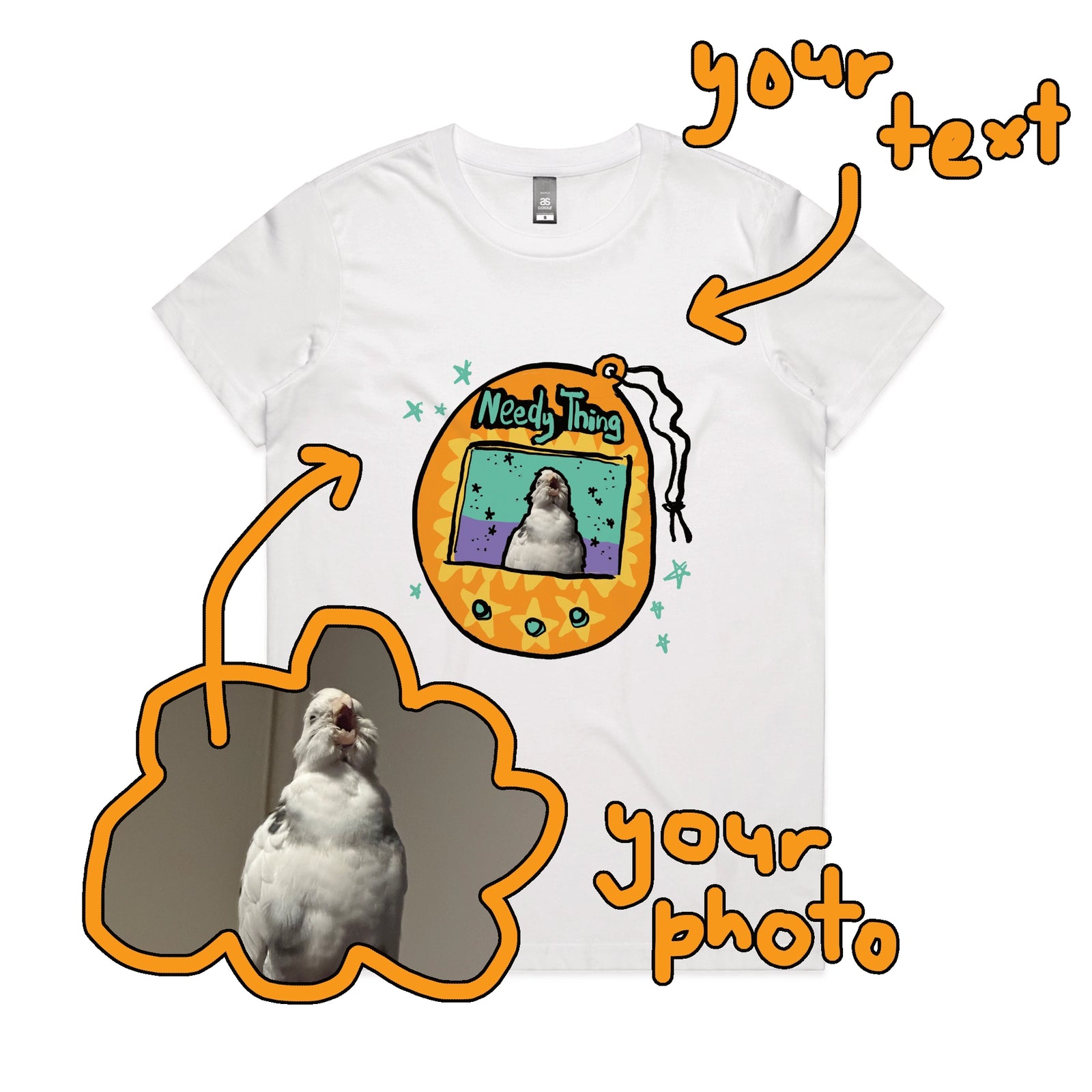 White fitted womens t-shirt with Custom Digipet graphic by Lonely Kids Club