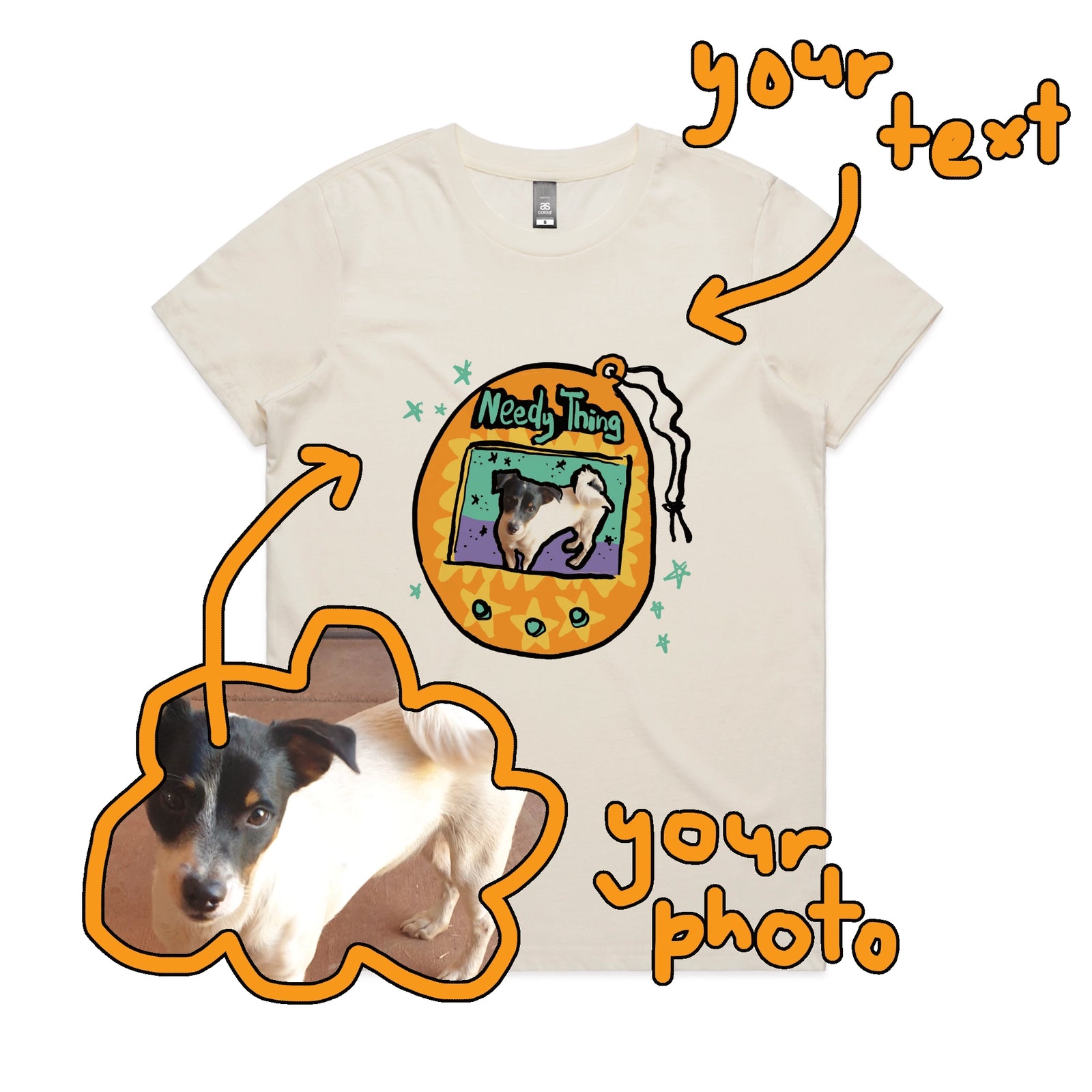 Ecru fitted womens t-shirt with Custom Digipet graphic by Lonely Kids Club