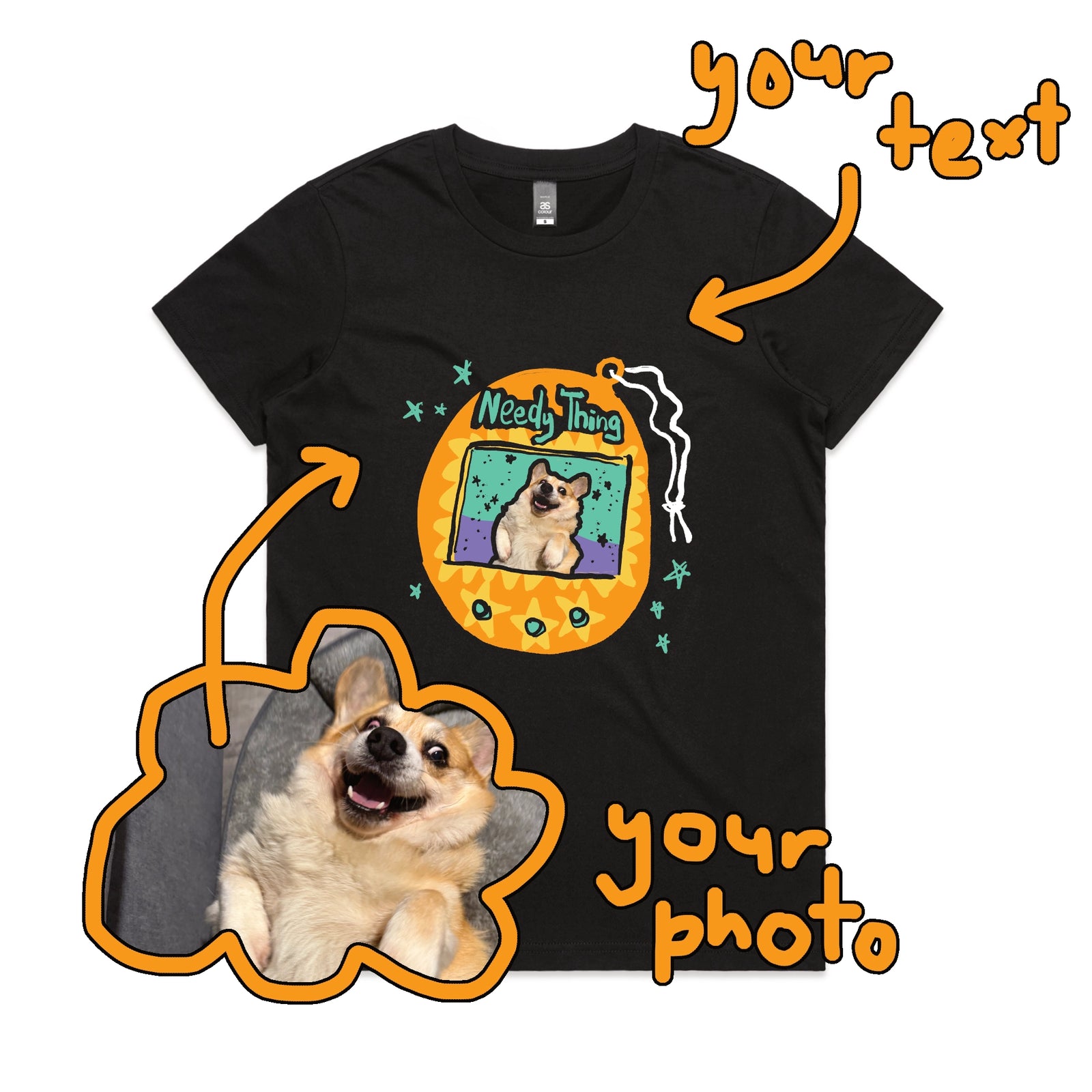 Black fitted womens t-shirt with Custom Digipet graphic by Lonely Kids Club