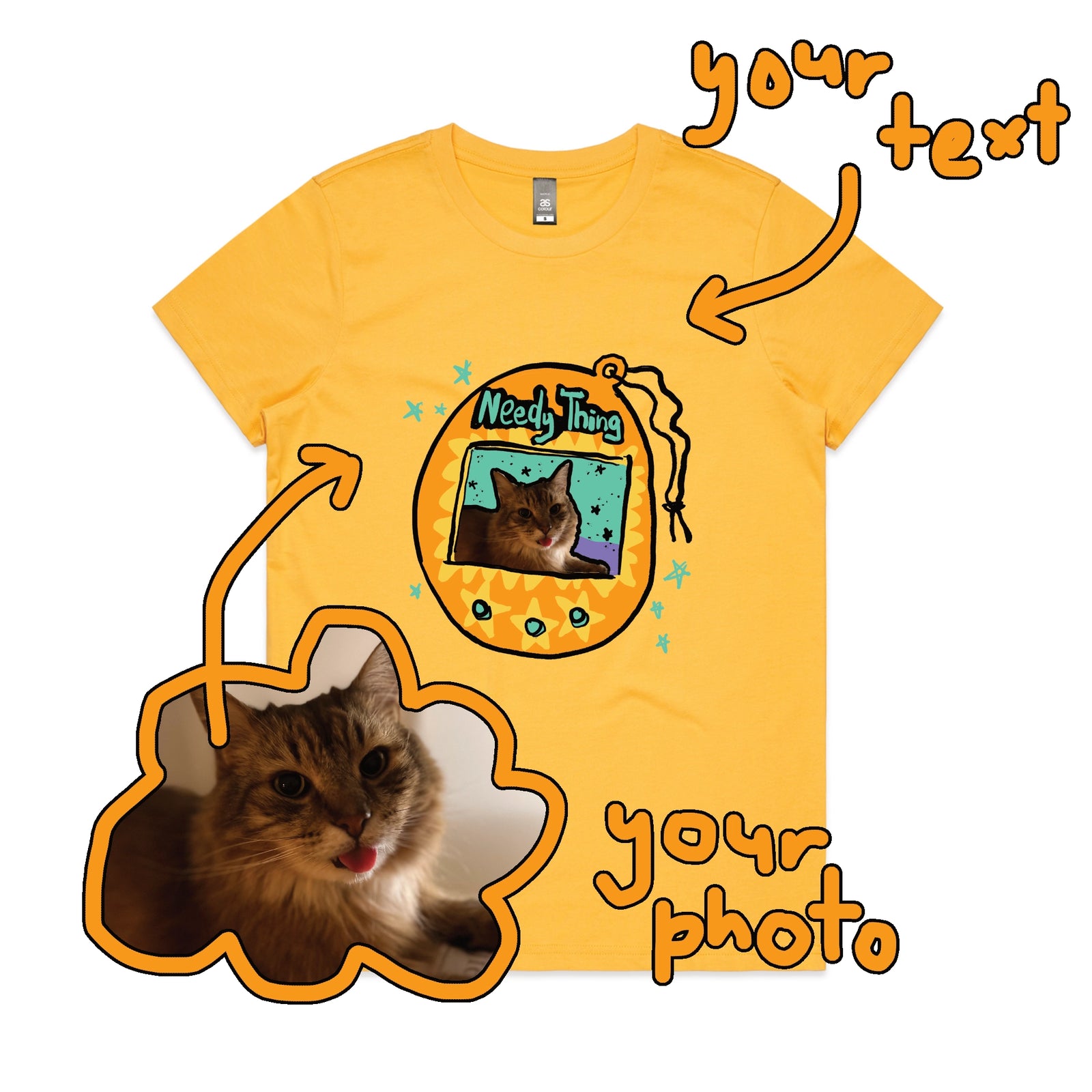 Yellow fitted womens t-shirt with Custom Digipet graphic by Lonely Kids Club
