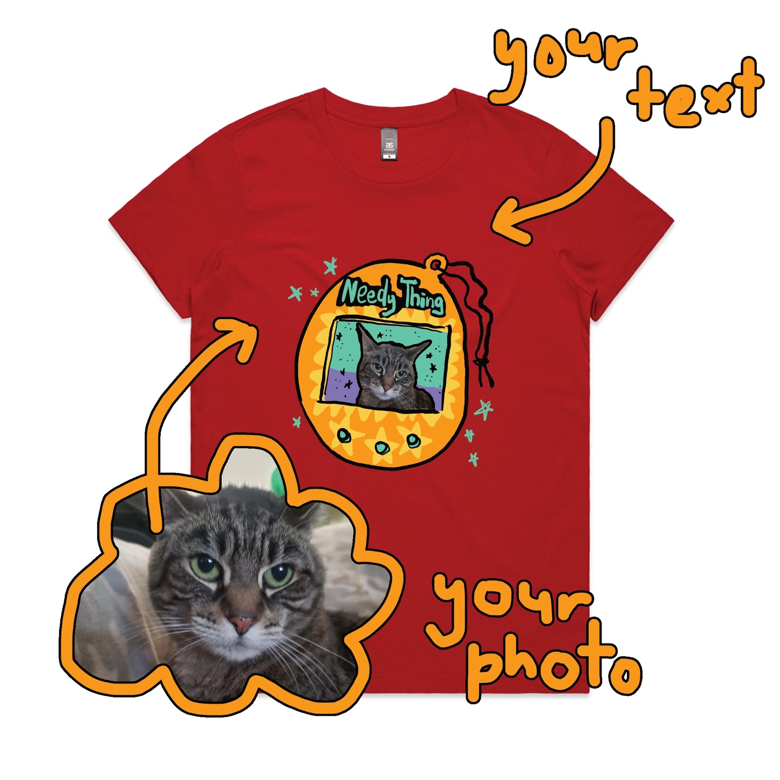 Red fitted womens t-shirt with Custom Digipet graphic by Lonely Kids Club