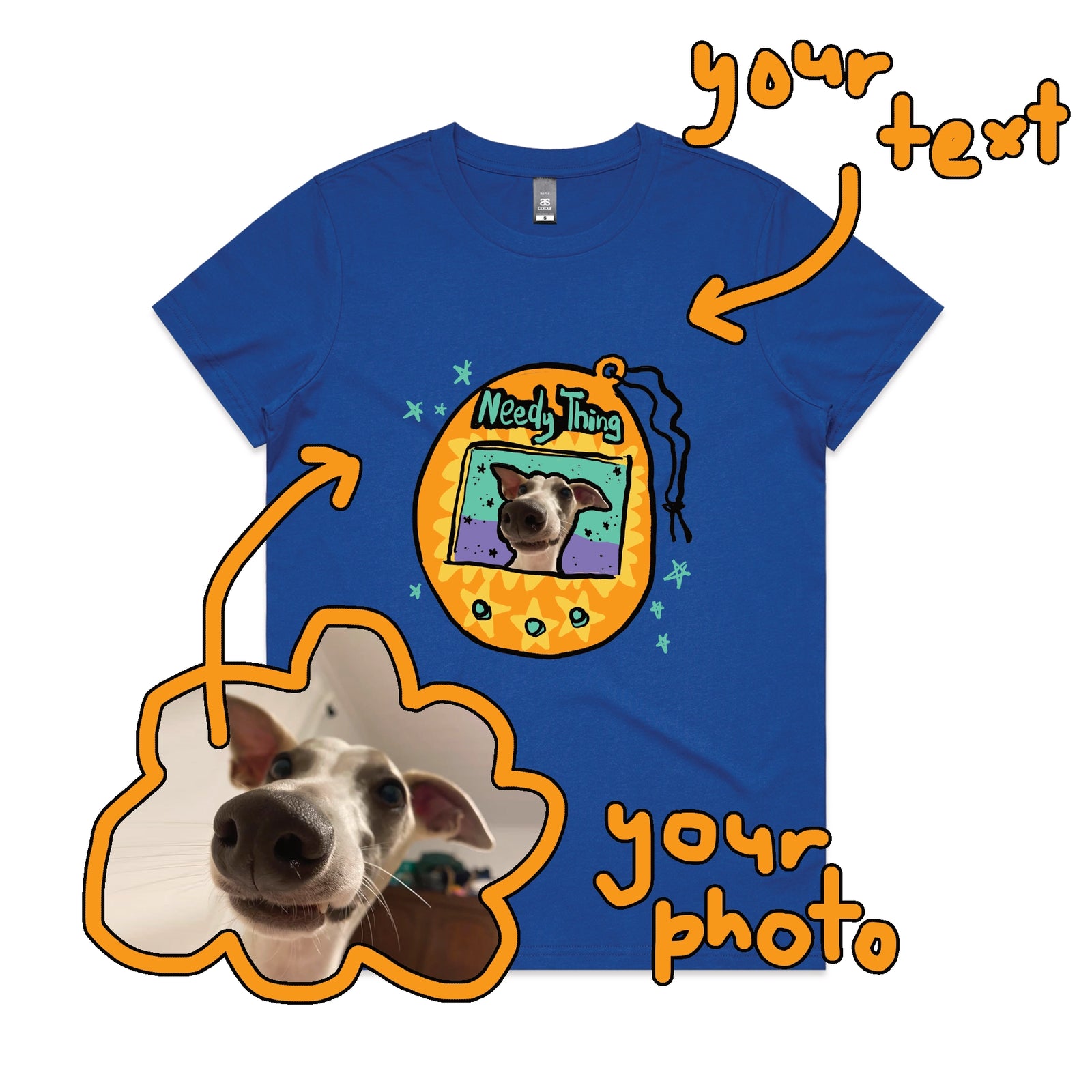 Royal Blue fitted womens t-shirt with Custom Digipet graphic by Lonely Kids Club