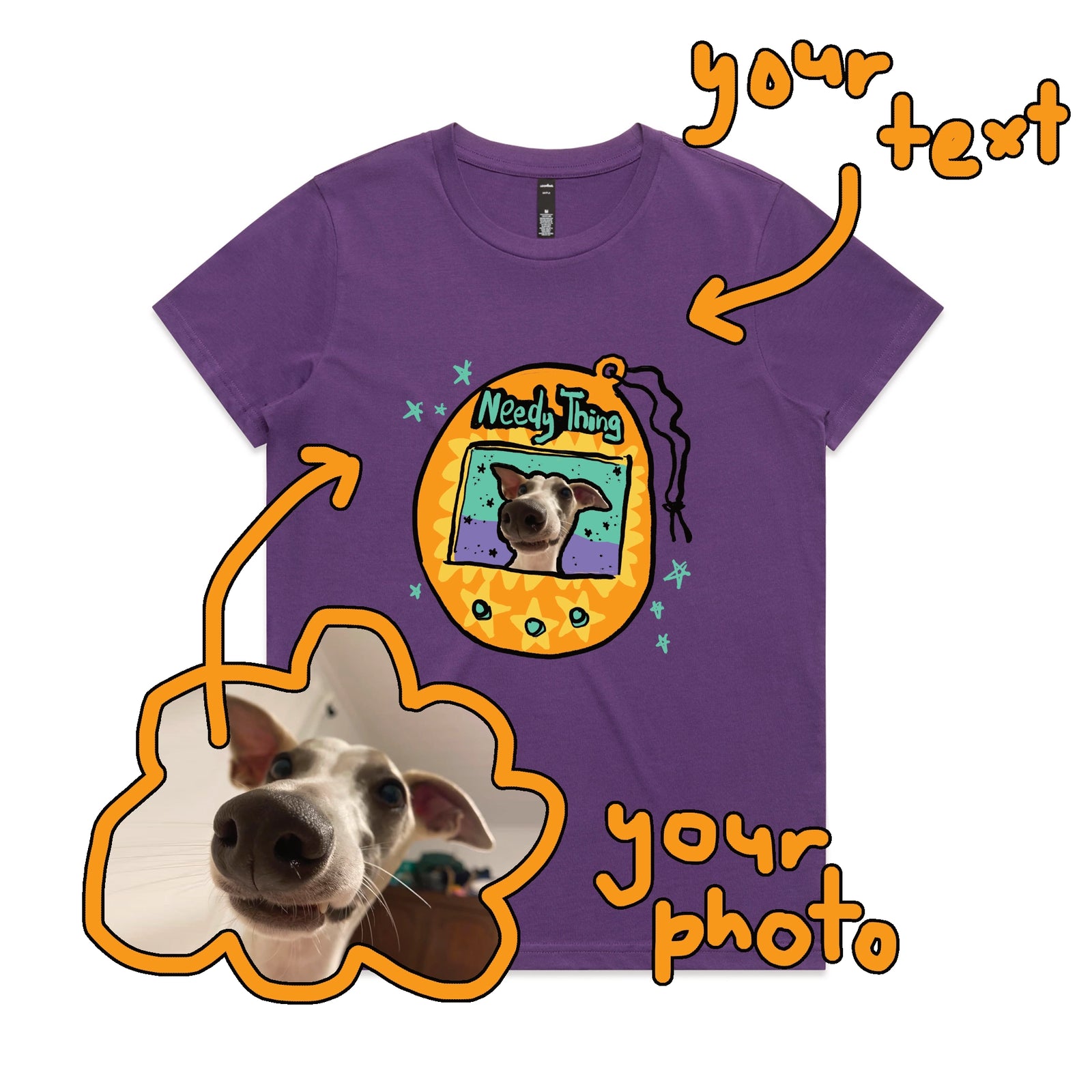 Purple fitted womens t-shirt with Custom Digipet graphic by Lonely Kids Club
