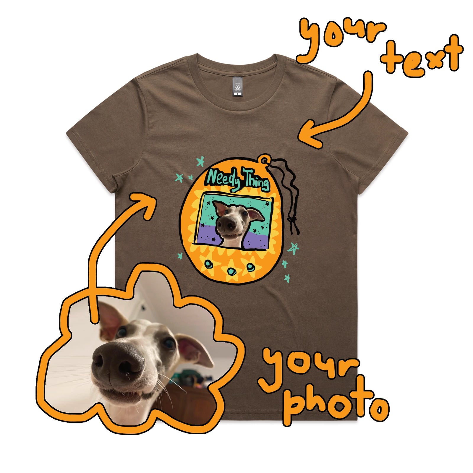 Walnut fitted womens t-shirt with Custom Digipet graphic by Lonely Kids Club