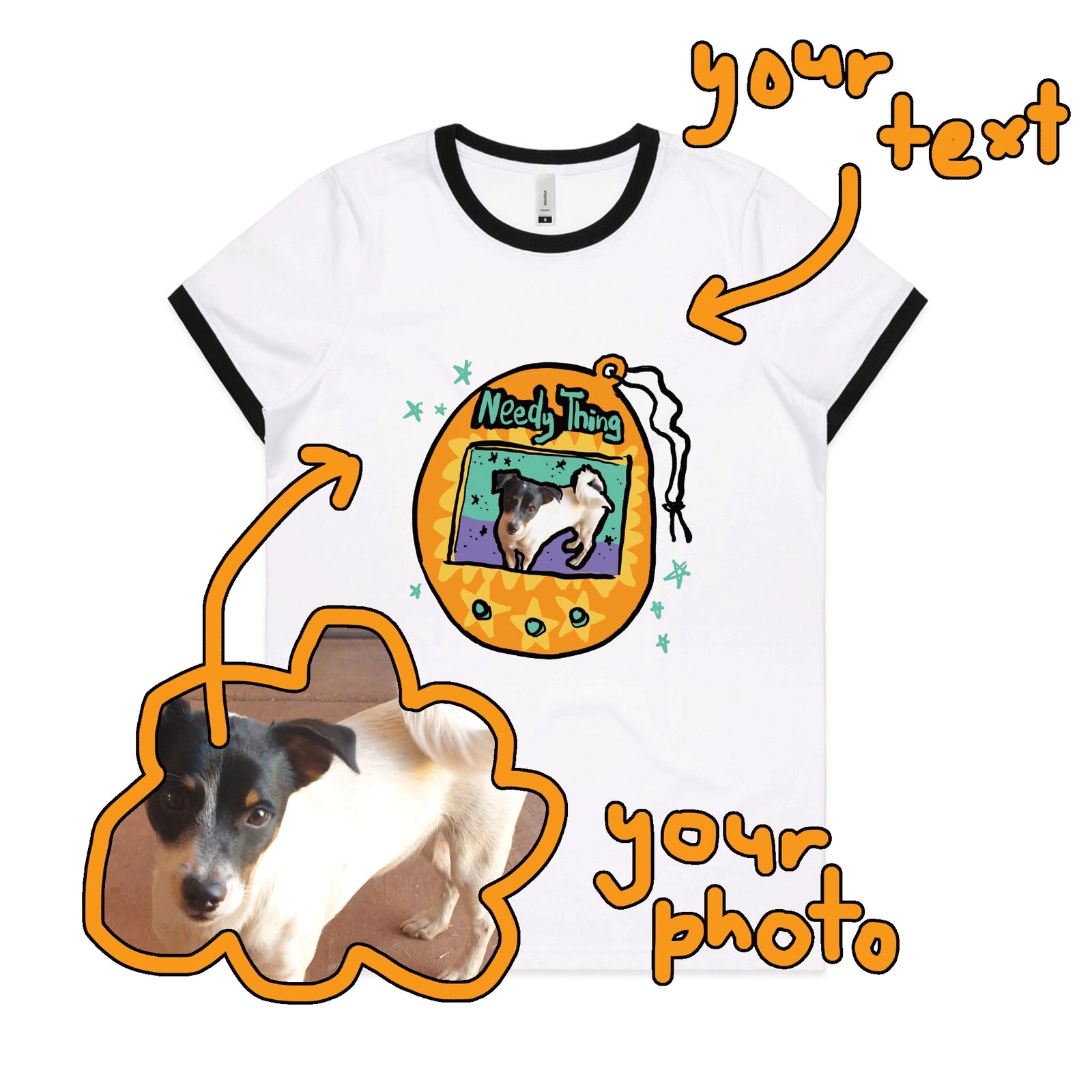 Black/White Ringer fitted womens t-shirt with Custom Digipet graphic by Lonely Kids Club