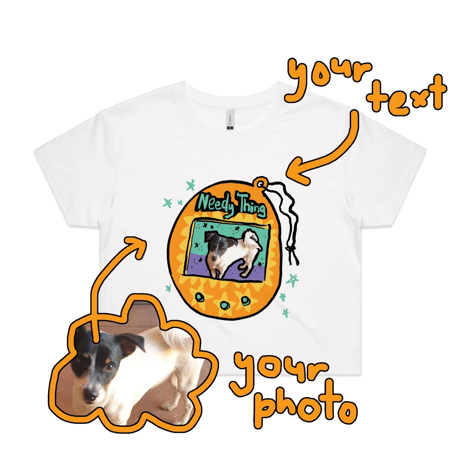 White crop top with Custom Digipet graphic by Lonely Kids Club