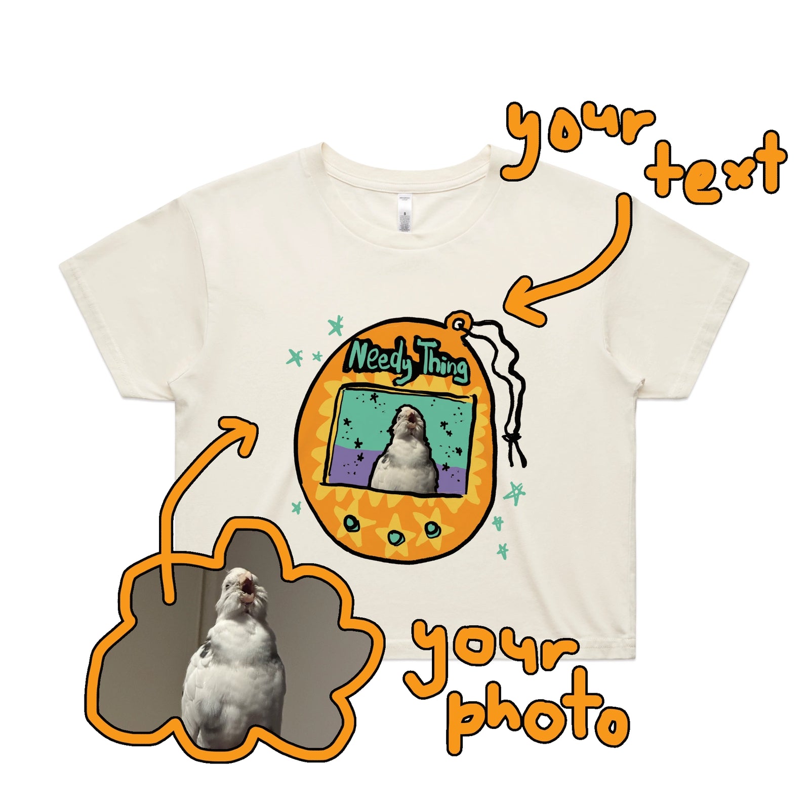 Ecru crop top with Custom Digipet graphic by Lonely Kids Club