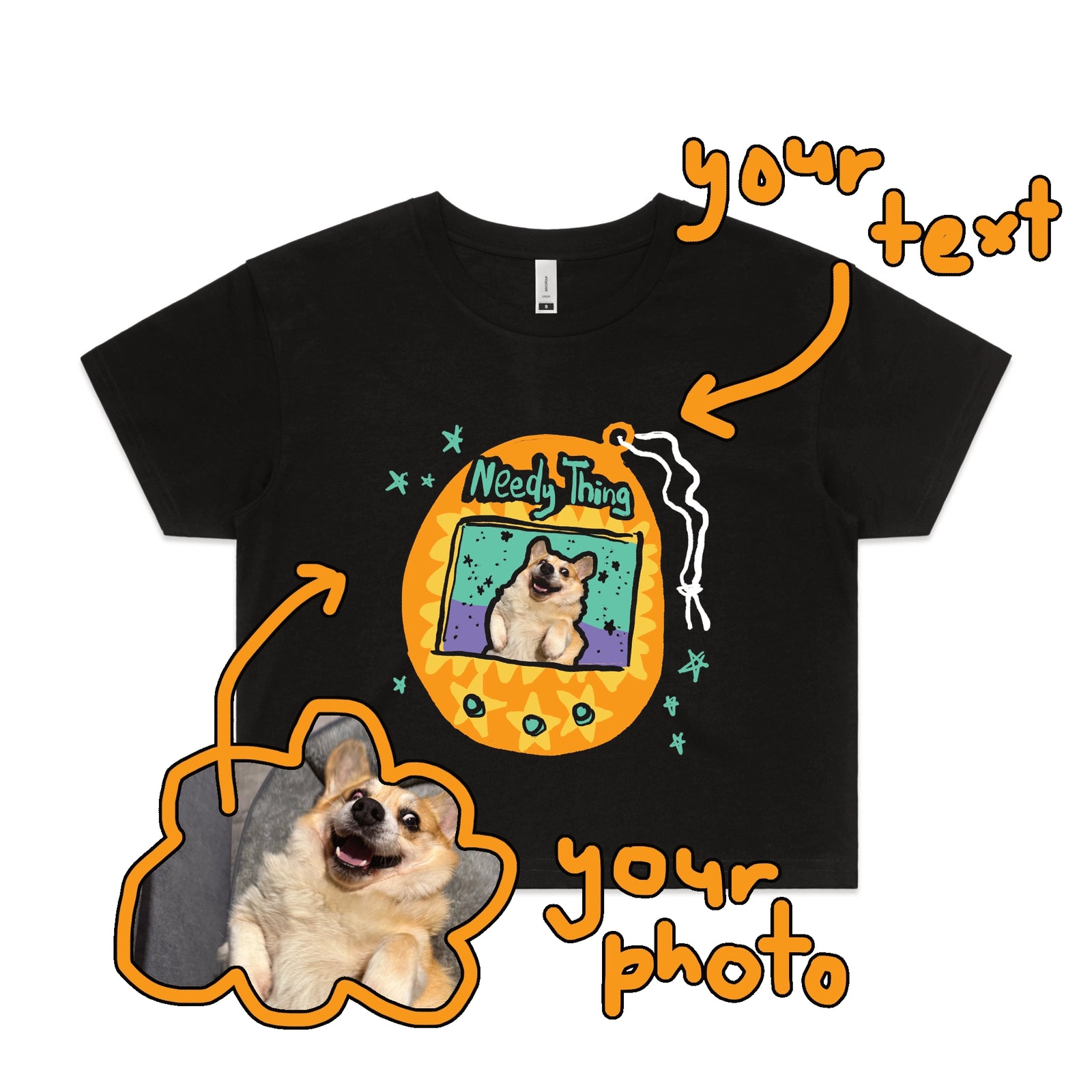 Black crop top with Custom Digipet graphic by Lonely Kids Club