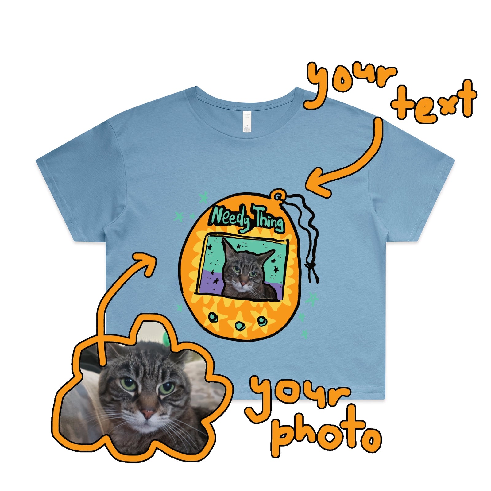 Carolina Blue crop top with Custom Digipet graphic by Lonely Kids Club