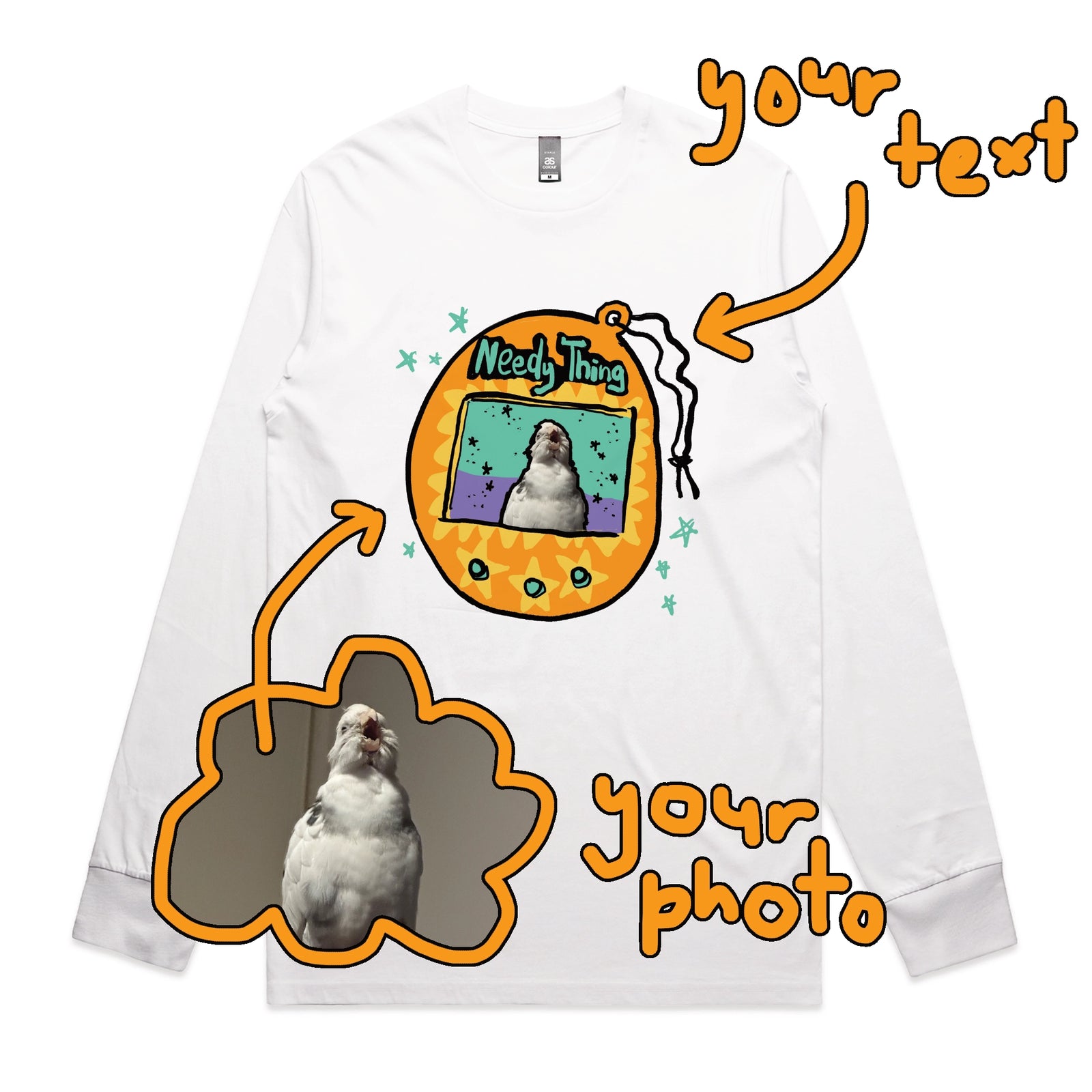 White long sleeve t-shirt with Custom Digipet graphic by Lonely Kids Club