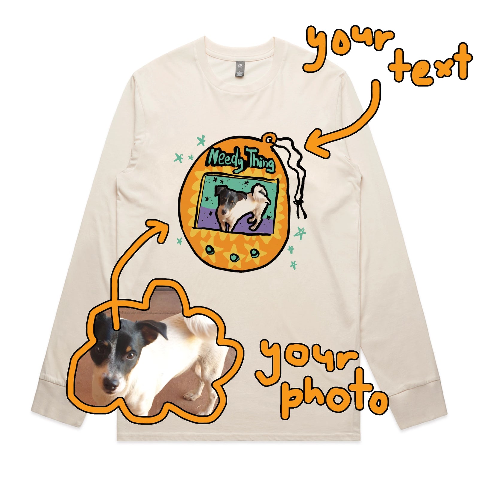 Ecru long sleeve t-shirt with Custom Digipet graphic by Lonely Kids Club