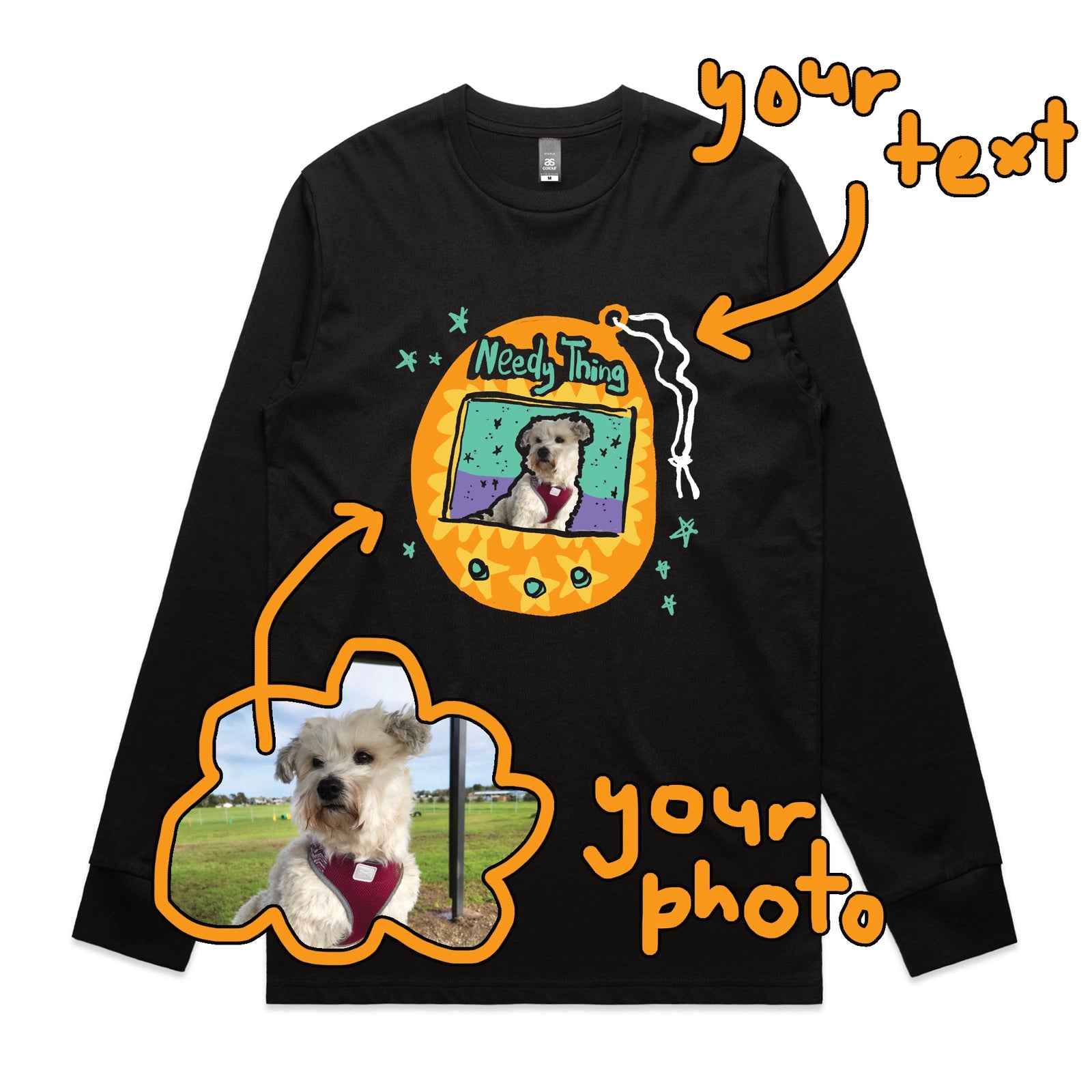 Black long sleeve t-shirt with Custom Digipet graphic by Lonely Kids Club