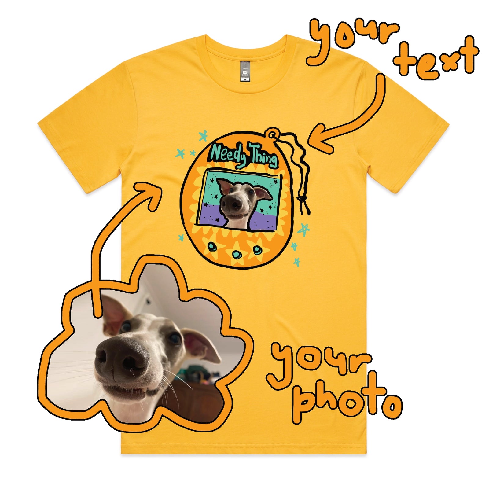 Yellow unisex t-shirt with Custom Digipet graphic by Lonely Kids Club