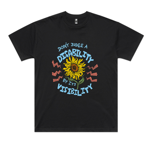 Disability Visibility Tee by Lonely Kids Club. All clothing from our T-shirts to our shorts and hoodies are ethically made, and printed packed and shipped from Sydney.