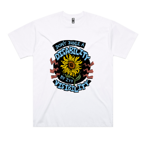 Disability Visibility Tee by Lonely Kids Club. All clothing from our T-shirts to our shorts and hoodies are ethically made, and printed packed and shipped from Sydney.