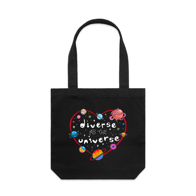 Diverse As The Universe Tote by Lonely Kids Club. All clothing from our T-shirts to our shorts and hoodies are ethically made, and printed packed and shipped from Sydney.
