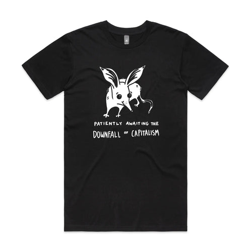 Downfall of Capitalism Tee by Lonely Kids Club. All clothing from our T-shirts to our shorts and hoodies are ethically made, and printed packed and shipped from Sydney.