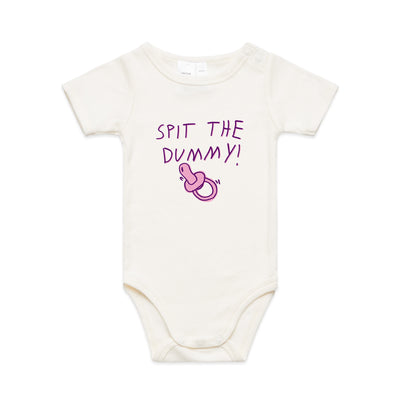 Spit The Dummy Baby Onesie by Lonely Kids Club. All clothing from our T-shirts to our shorts and hoodies are ethically made, and printed packed and shipped from Sydney.