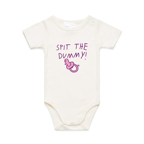 Spit The Dummy Baby Onesie by Lonely Kids Club. All clothing from our T-shirts to our shorts and hoodies are ethically made, and printed packed and shipped from Sydney.