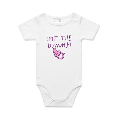Spit The Dummy Baby Onesie by Lonely Kids Club. All clothing from our T-shirts to our shorts and hoodies are ethically made, and printed packed and shipped from Sydney.