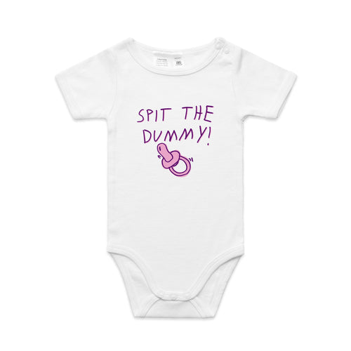 Spit The Dummy Baby Onesie by Lonely Kids Club. All clothing from our T-shirts to our shorts and hoodies are ethically made, and printed packed and shipped from Sydney.