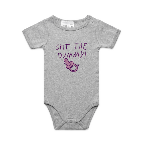 Spit The Dummy Baby Onesie by Lonely Kids Club. All clothing from our T-shirts to our shorts and hoodies are ethically made, and printed packed and shipped from Sydney.