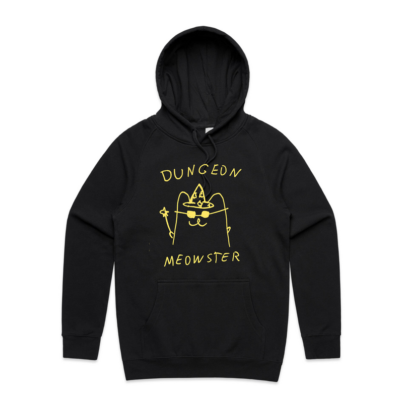 Dungeon Meowster Hoodie — funny graphic hoodie featuring a cat wizard, by Lonely Kids Club, printed in Sydney