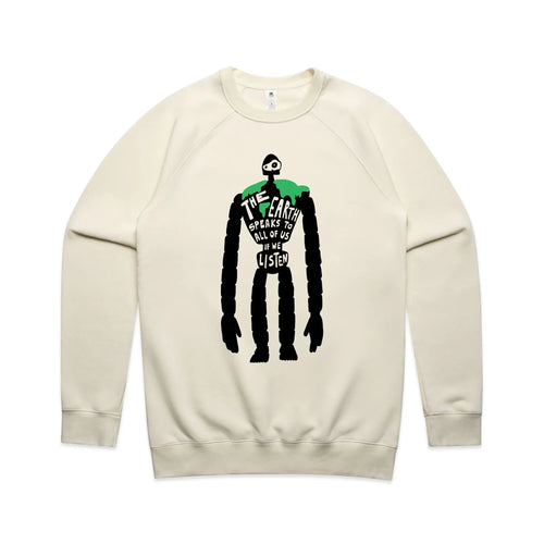 Earth Speaks Jumper by Lonely Kids Club. All clothing from our T-shirts to our shorts and hoodies are ethically made, and printed packed and shipped from Sydney.