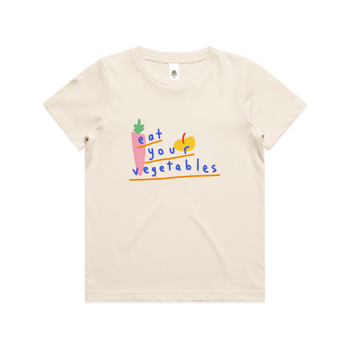 Eat Your Vegetables Kids Tee by Lonely Kids Club. All clothing from our T-shirts to our shorts and hoodies are ethically made, and printed packed and shipped from Sydney.