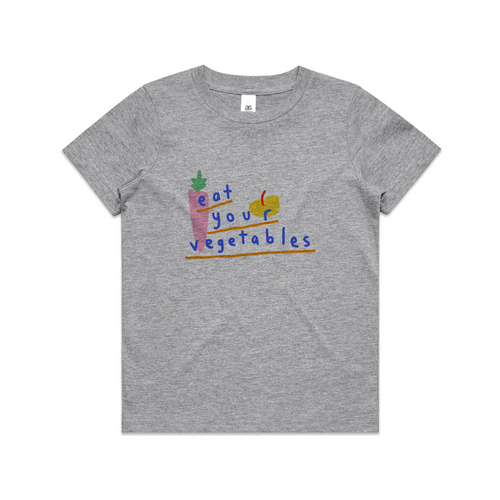 Eat Your Vegetables Kids Tee by Lonely Kids Club. All clothing from our T-shirts to our shorts and hoodies are ethically made, and printed packed and shipped from Sydney.