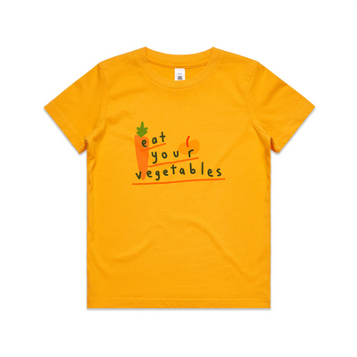Eat Your Vegetables Kids Tee by Lonely Kids Club. All clothing from our T-shirts to our shorts and hoodies are ethically made, and printed packed and shipped from Sydney.