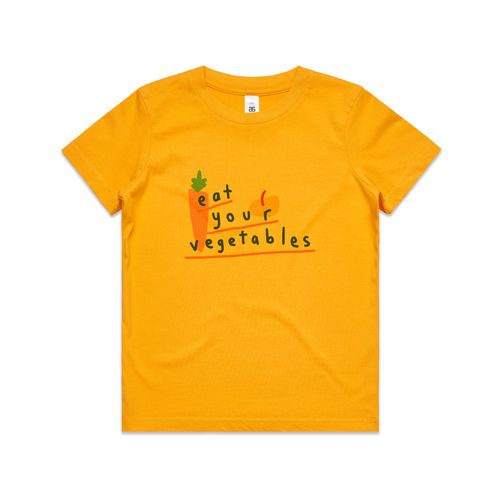 Eat Your Vegetables Kids Tee by Lonely Kids Club. All clothing from our T-shirts to our shorts and hoodies are ethically made, and printed packed and shipped from Sydney.