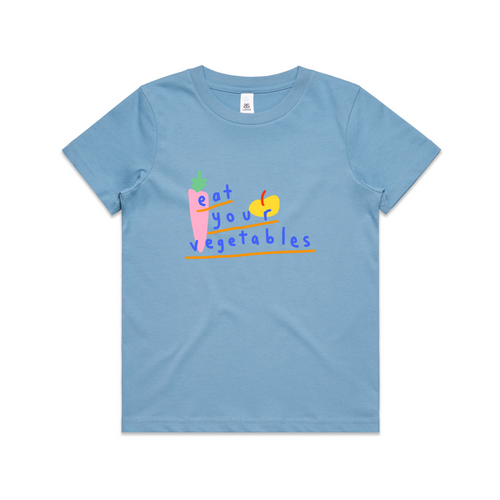 Eat Your Vegetables Kids Tee by Lonely Kids Club. All clothing from our T-shirts to our shorts and hoodies are ethically made, and printed packed and shipped from Sydney.