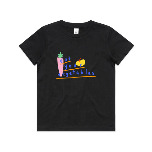 Eat Your Vegetables Kids Tee by Lonely Kids Club. All clothing from our T-shirts to our shorts and hoodies are ethically made, and printed packed and shipped from Sydney.