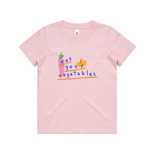 Eat Your Vegetables Kids Tee by Lonely Kids Club. All clothing from our T-shirts to our shorts and hoodies are ethically made, and printed packed and shipped from Sydney.