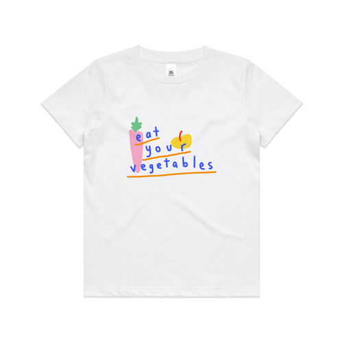 Eat Your Vegetables Kids Tee by Lonely Kids Club. All clothing from our T-shirts to our shorts and hoodies are ethically made, and printed packed and shipped from Sydney.