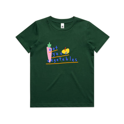 Eat Your Vegetables Kids Tee by Lonely Kids Club. All clothing from our T-shirts to our shorts and hoodies are ethically made, and printed packed and shipped from Sydney.